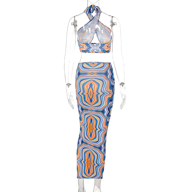 2 Piece Print Halter Cut Out Crop Top Dress Sets Fashion Outfit Summer Top and Skirts Matching Set Club Party Dress