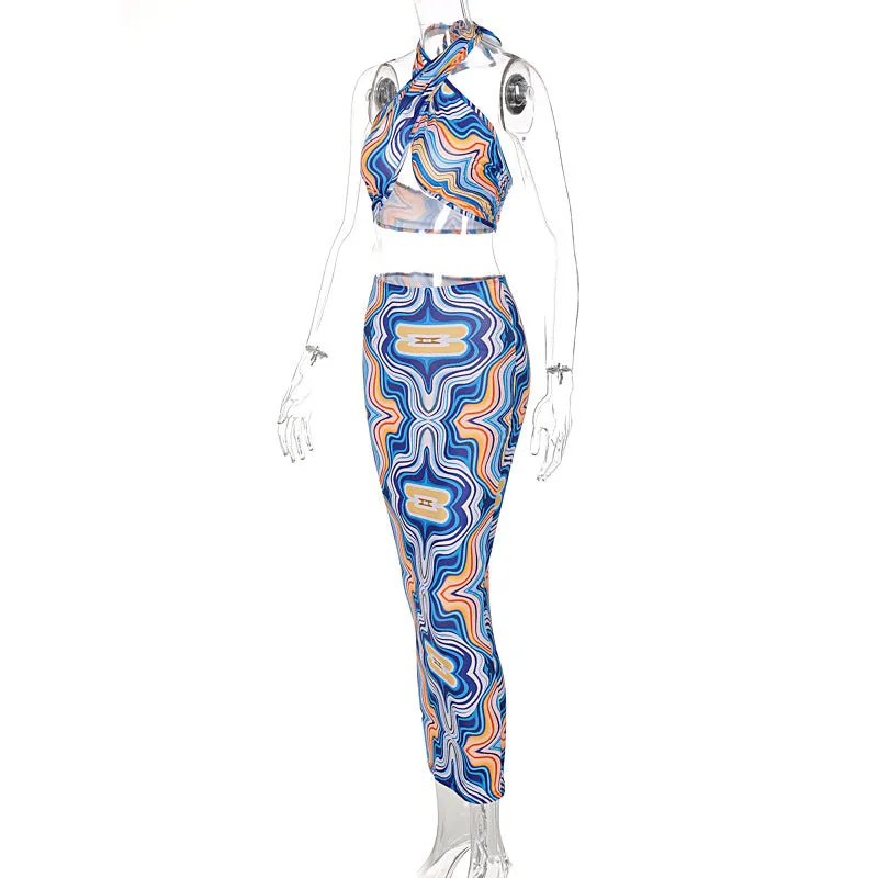 2 Piece Print Halter Cut Out Crop Top Dress Sets Fashion Outfit Summer Top and Skirts Matching Set Club Party Dress