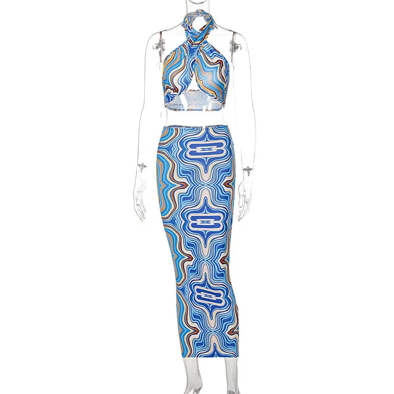 2 Piece Print Halter Cut Out Crop Top Dress Sets Fashion Outfit Summer Top and Skirts Matching Set Club Party Dress