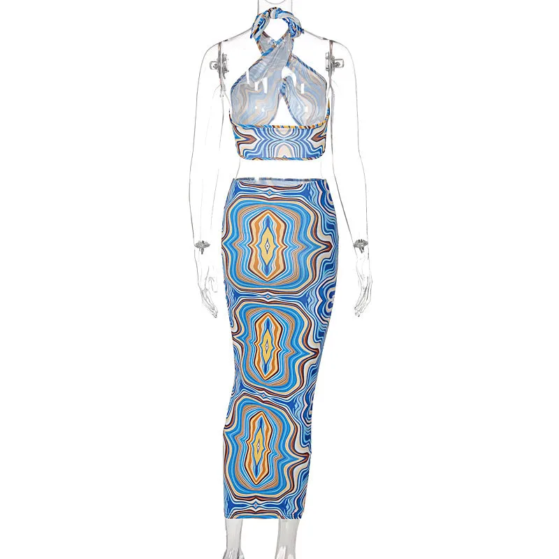 2 Piece Print Halter Cut Out Crop Top Dress Sets Fashion Outfit Summer Top and Skirts Matching Set Club Party Dress
