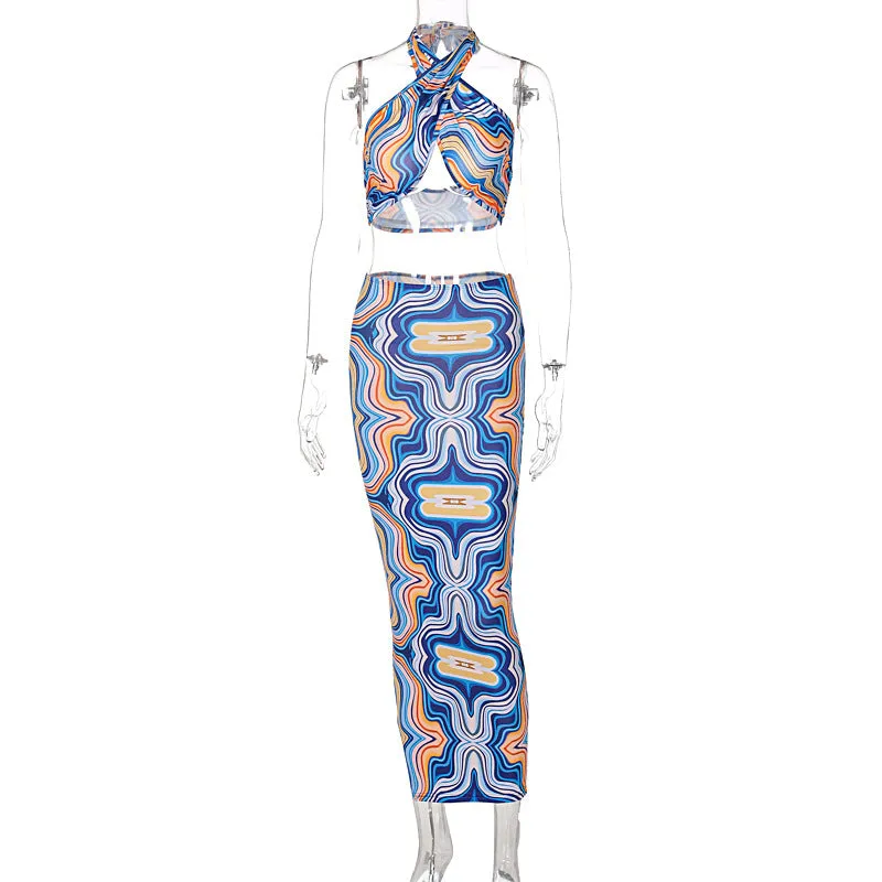 2 Piece Print Halter Cut Out Crop Top Dress Sets Fashion Outfit Summer Top and Skirts Matching Set Club Party Dress