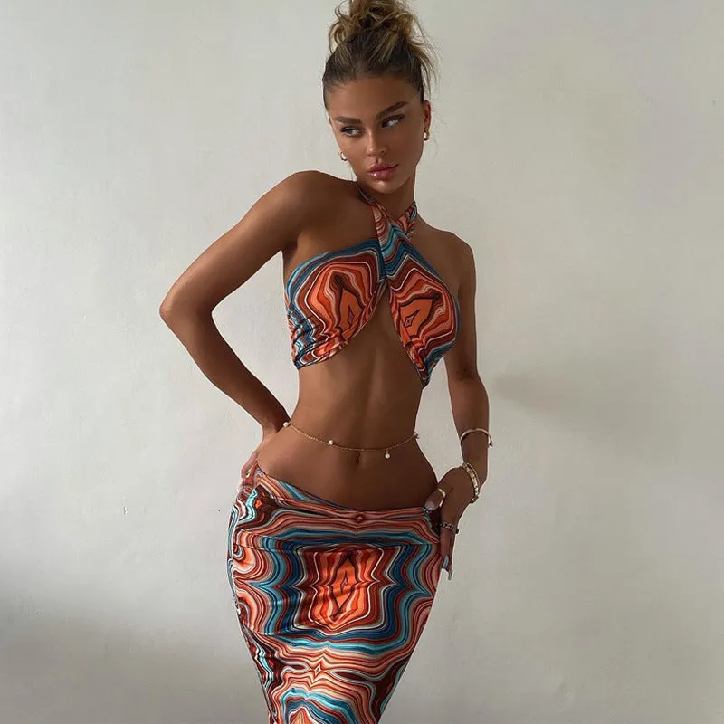 2 Piece Print Halter Cut Out Crop Top Dress Sets Fashion Outfit Summer Top and Skirts Matching Set Club Party Dress