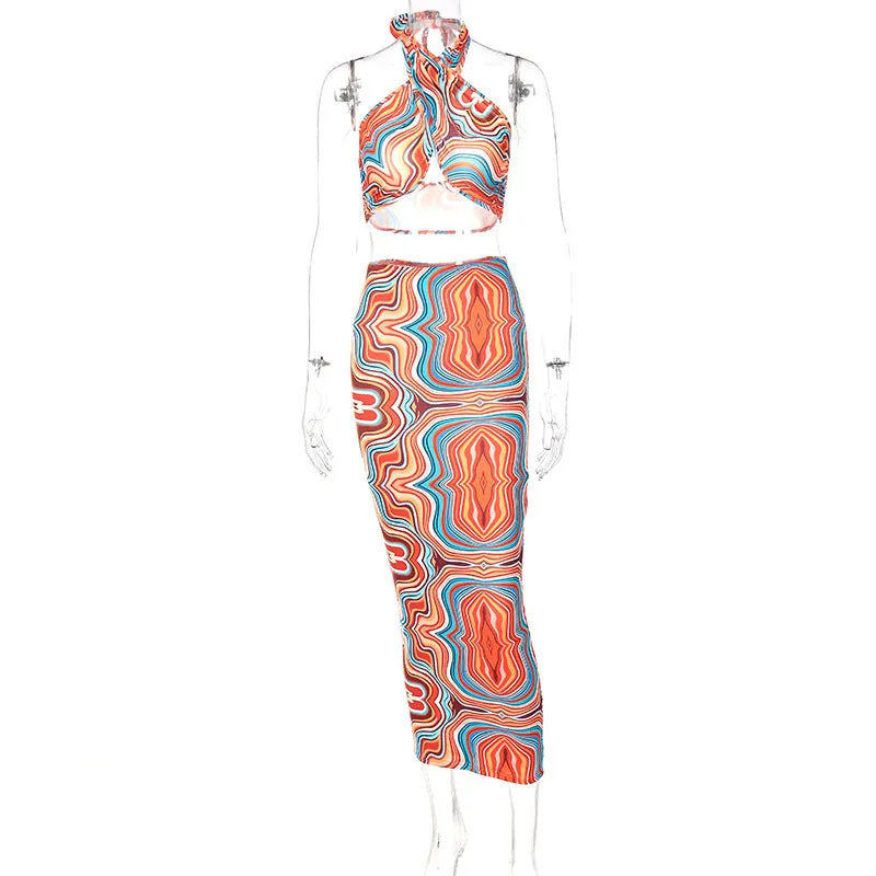 2 Piece Print Halter Cut Out Crop Top Dress Sets Fashion Outfit Summer Top and Skirts Matching Set Club Party Dress