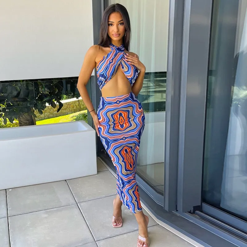 2 Piece Print Halter Cut Out Crop Top Dress Sets Fashion Outfit Summer Top and Skirts Matching Set Club Party Dress
