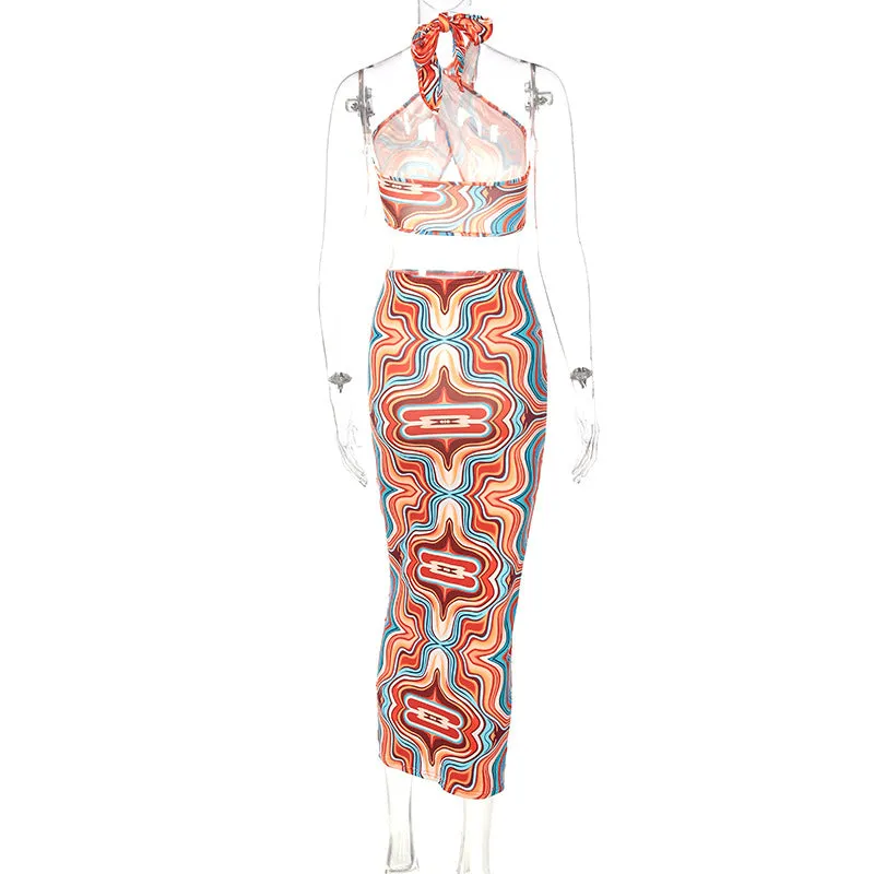 2 Piece Print Halter Cut Out Crop Top Dress Sets Fashion Outfit Summer Top and Skirts Matching Set Club Party Dress