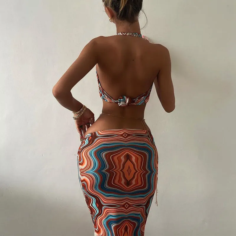 2 Piece Print Halter Cut Out Crop Top Dress Sets Fashion Outfit Summer Top and Skirts Matching Set Club Party Dress