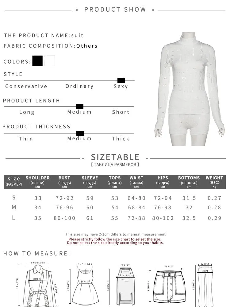 2 Piece Set Women Summer Hollow Out Sheath Long Sleeve T-Shirt Fashion Hole Stretchy Waist Shorts Streetwear