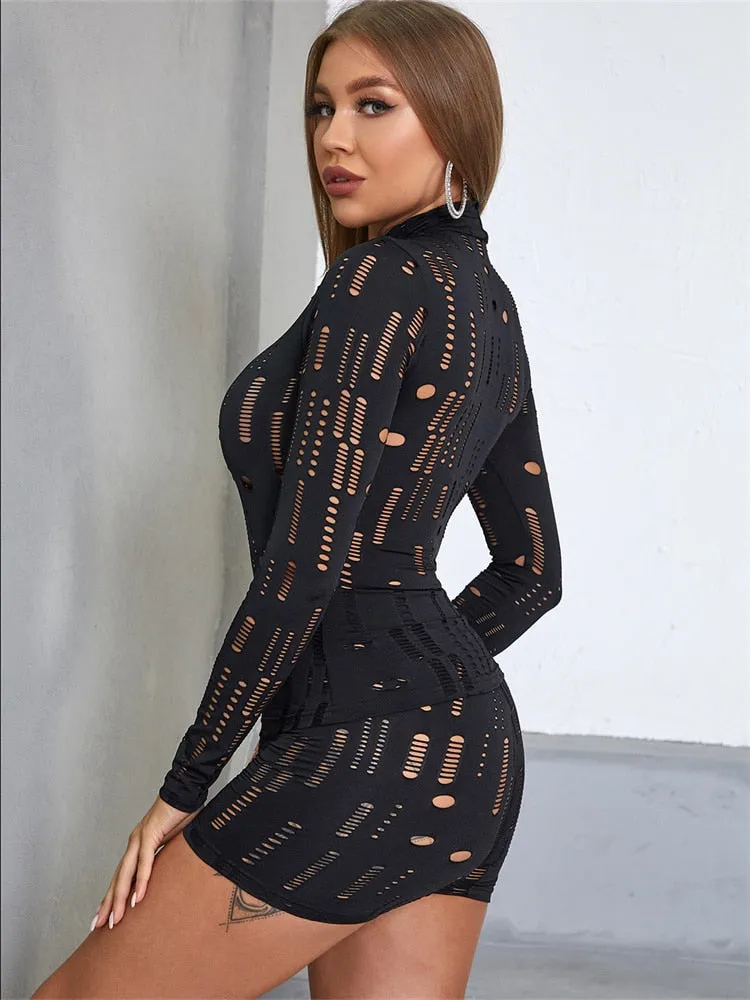 2 Piece Set Women Summer Hollow Out Sheath Long Sleeve T-Shirt Fashion Hole Stretchy Waist Shorts Streetwear