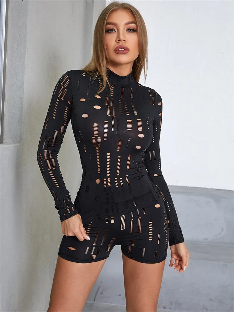 2 Piece Set Women Summer Hollow Out Sheath Long Sleeve T-Shirt Fashion Hole Stretchy Waist Shorts Streetwear