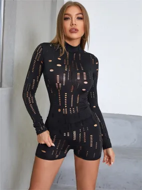 2 Piece Set Women Summer Hollow Out Sheath Long Sleeve T-Shirt Fashion Hole Stretchy Waist Shorts Streetwear