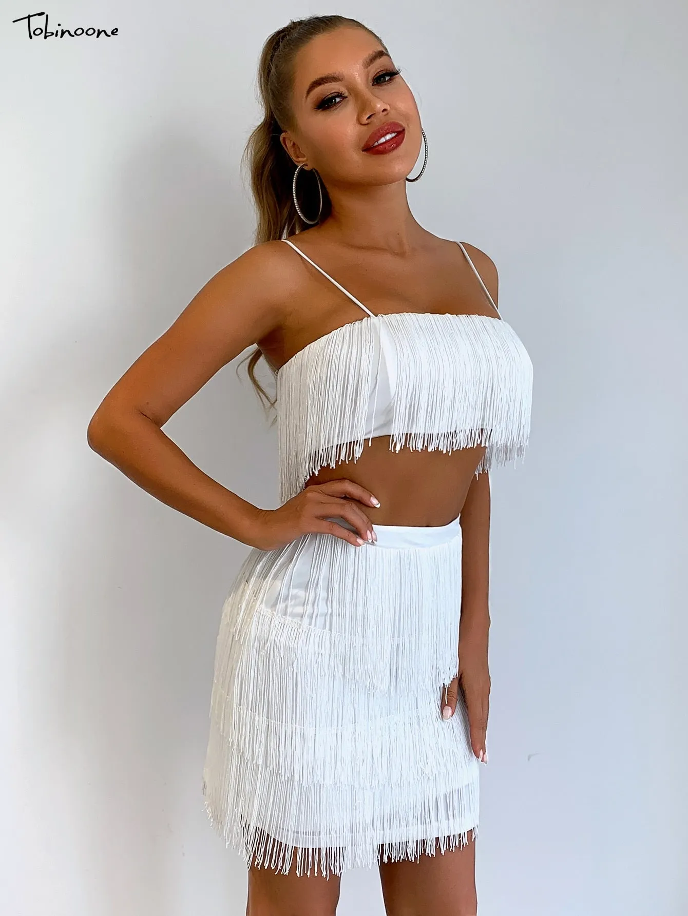 2 Piece Summer Tassel Elegant Club Party Off Shoulder Tassel Embellished Mini Fringe Dress