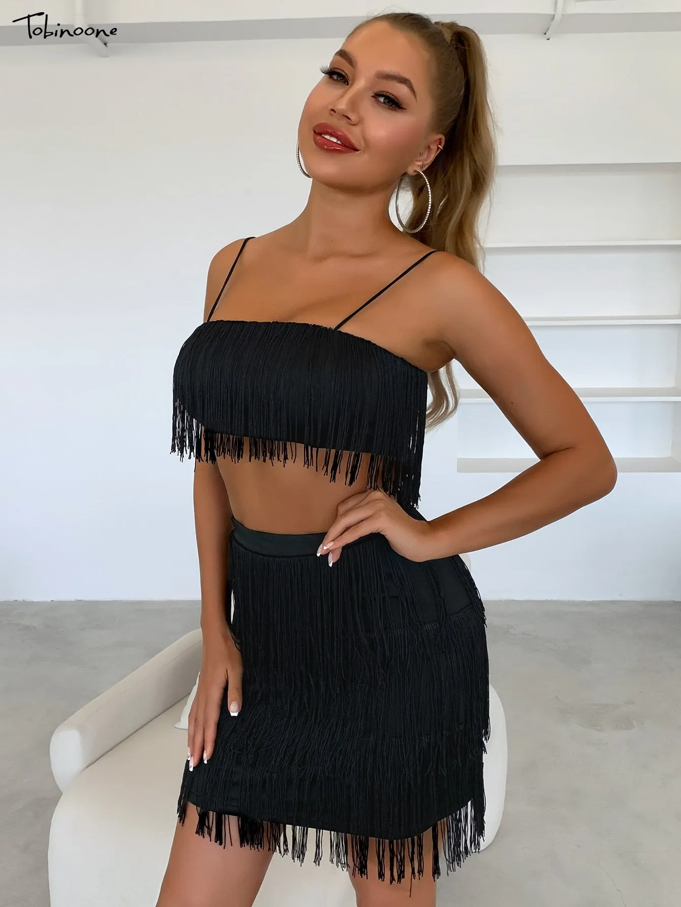 2 Piece Summer Tassel Elegant Club Party Off Shoulder Tassel Embellished Mini Fringe Dress