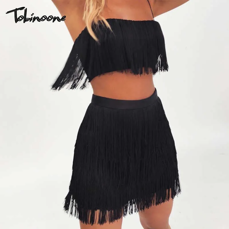 2 Piece Summer Tassel Elegant Club Party Off Shoulder Tassel Embellished Mini Fringe Dress