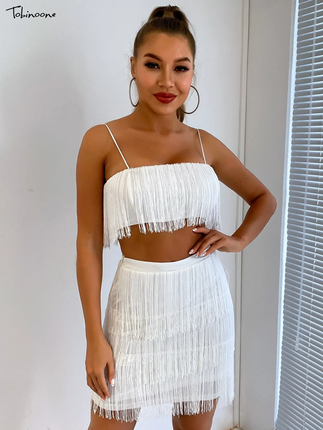 2 Piece Summer Tassel Elegant Club Party Off Shoulder Tassel Embellished Mini Fringe Dress