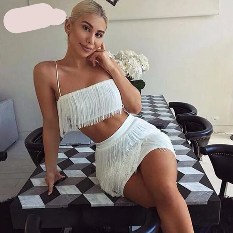 2 Piece Summer Tassel Elegant Club Party Off Shoulder Tassel Embellished Mini Fringe Dress