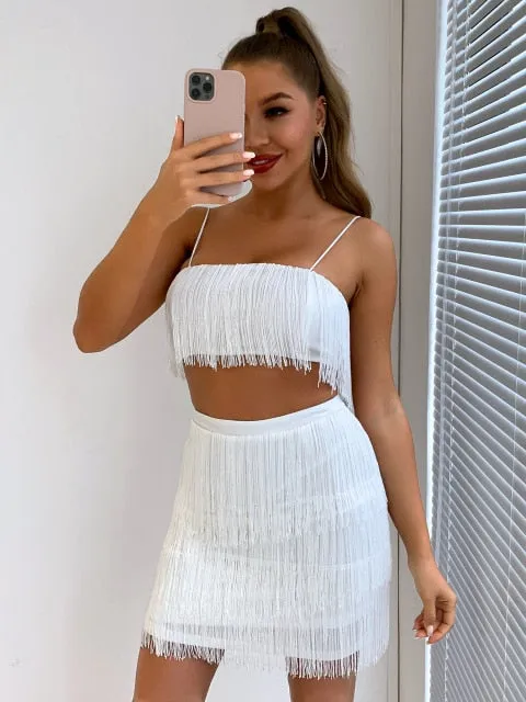 2 Piece Summer Tassel Elegant Club Party Off Shoulder Tassel Embellished Mini Fringe Dress