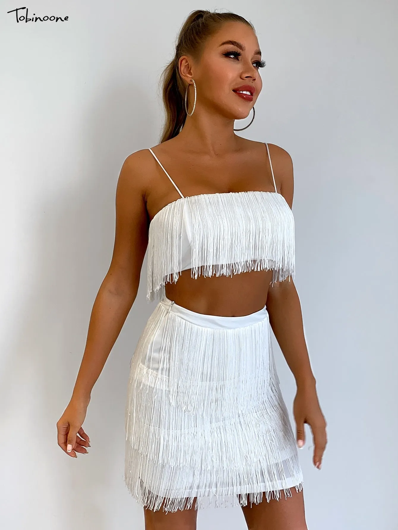 2 Piece Summer Tassel Elegant Club Party Off Shoulder Tassel Embellished Mini Fringe Dress
