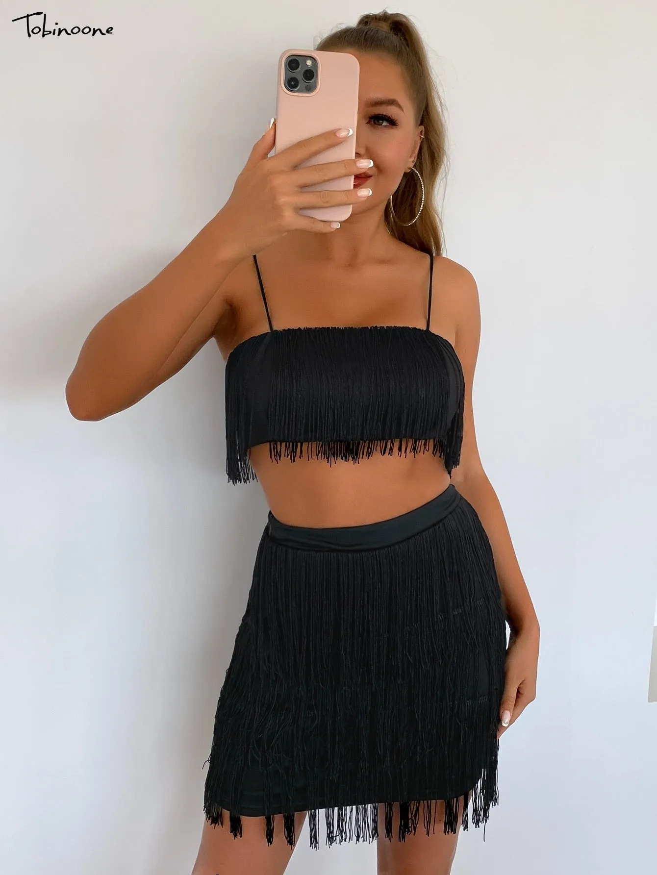 2 Piece Summer Tassel Elegant Club Party Off Shoulder Tassel Embellished Mini Fringe Dress