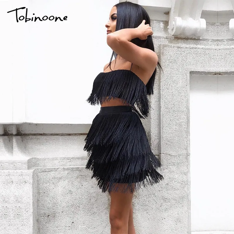 2 Piece Summer Tassel Elegant Club Party Off Shoulder Tassel Embellished Mini Fringe Dress