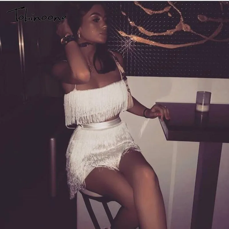 2 Piece Summer Tassel Elegant Club Party Off Shoulder Tassel Embellished Mini Fringe Dress