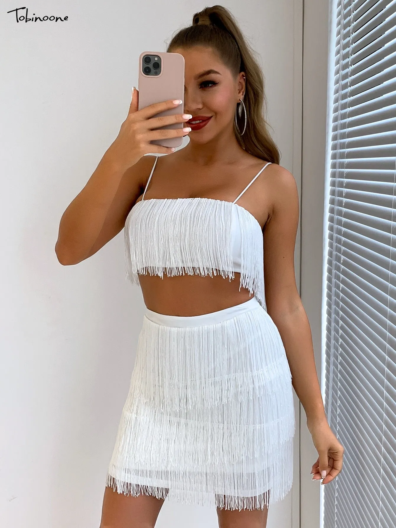 2 Piece Summer Tassel Elegant Club Party Off Shoulder Tassel Embellished Mini Fringe Dress