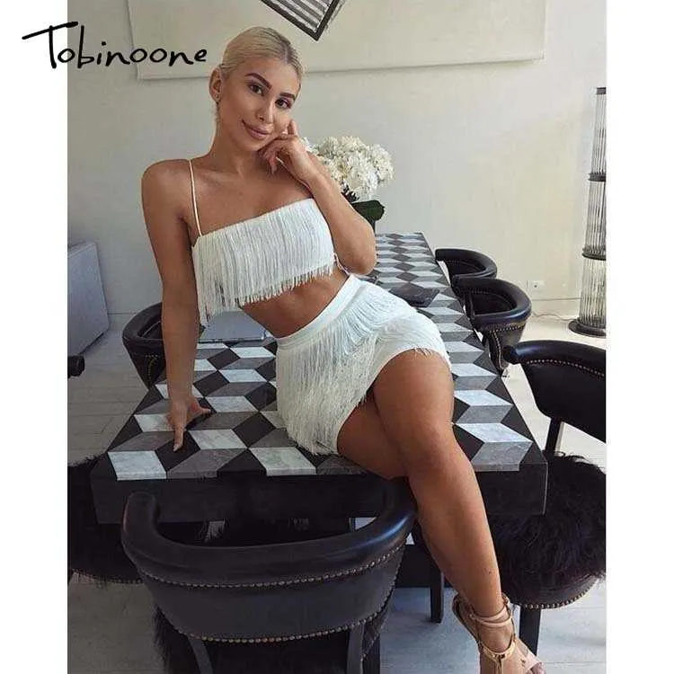 2 Piece Summer Tassel Elegant Club Party Off Shoulder Tassel Embellished Mini Fringe Dress