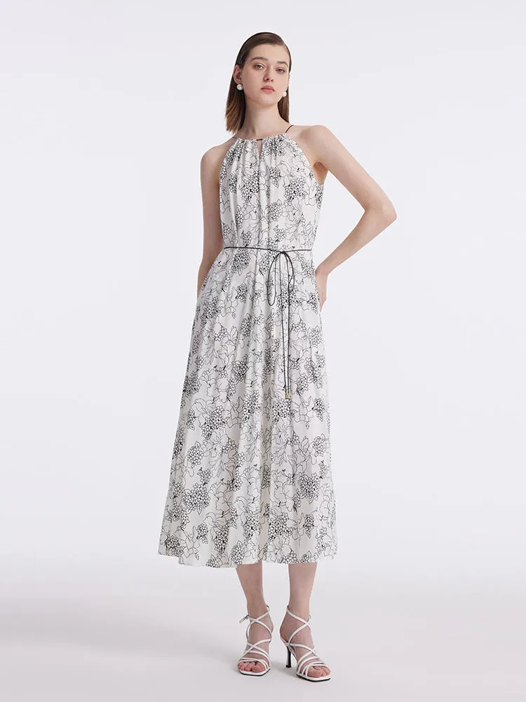 20 Momme Mulberry Silk Iris Printed Women Halter Maxi Dress With Belt