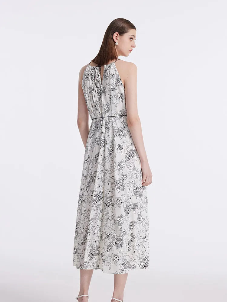 20 Momme Mulberry Silk Iris Printed Women Halter Maxi Dress With Belt