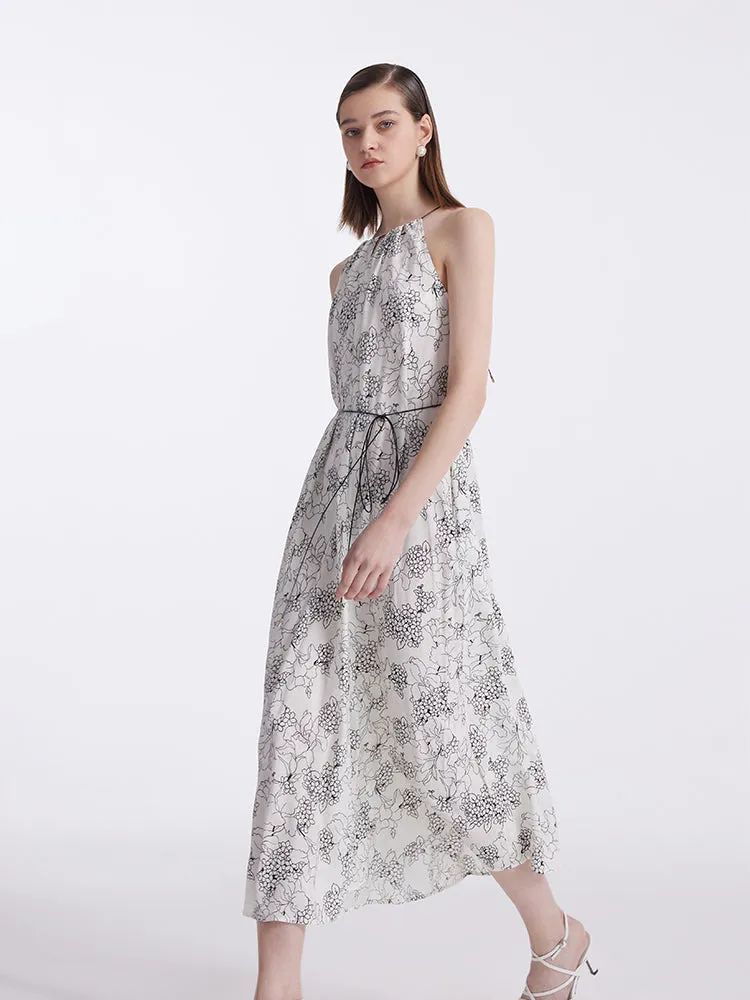 20 Momme Mulberry Silk Iris Printed Women Halter Maxi Dress With Belt