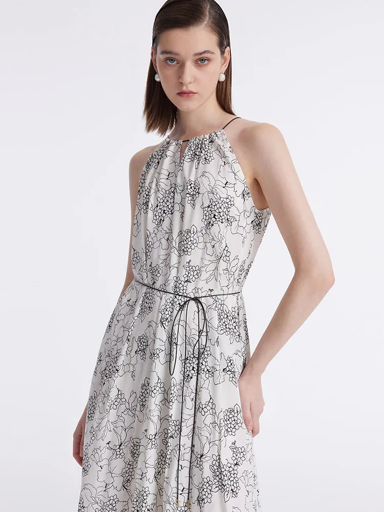 20 Momme Mulberry Silk Iris Printed Women Halter Maxi Dress With Belt