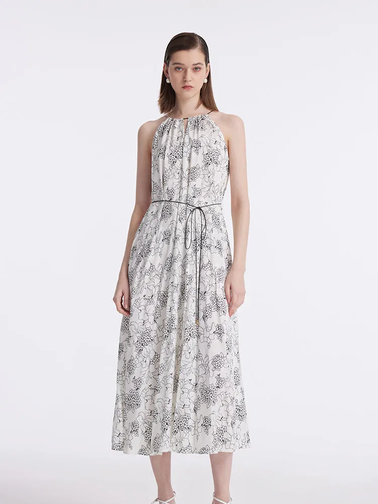 20 Momme Mulberry Silk Iris Printed Women Halter Maxi Dress With Belt