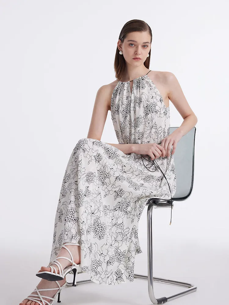 20 Momme Mulberry Silk Iris Printed Women Halter Maxi Dress With Belt