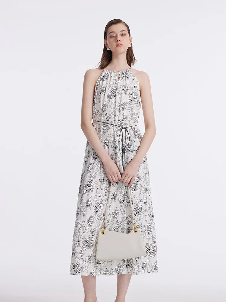 20 Momme Mulberry Silk Iris Printed Women Halter Maxi Dress With Belt