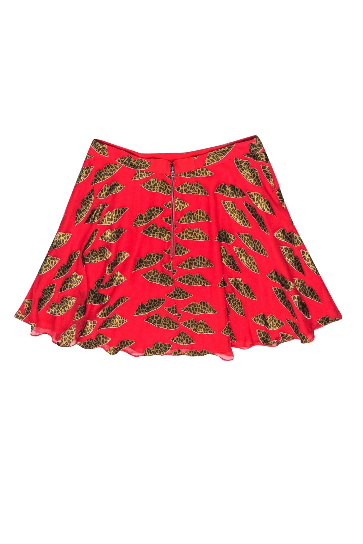 Alice & Olivia - Red Flare Miniskirt w/ Cheetah Print Lips Sz 10