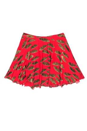 Alice & Olivia - Red Flare Miniskirt w/ Cheetah Print Lips Sz 10
