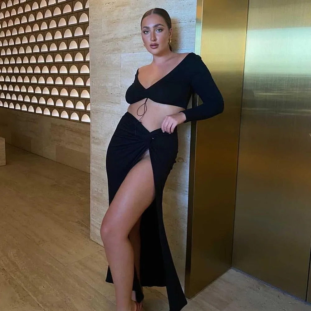 Autumn Fashion Outfits Top and Skirt Set Drawstring Ruched Long Sleeve Two Piece Set Bodycon Skirts Split