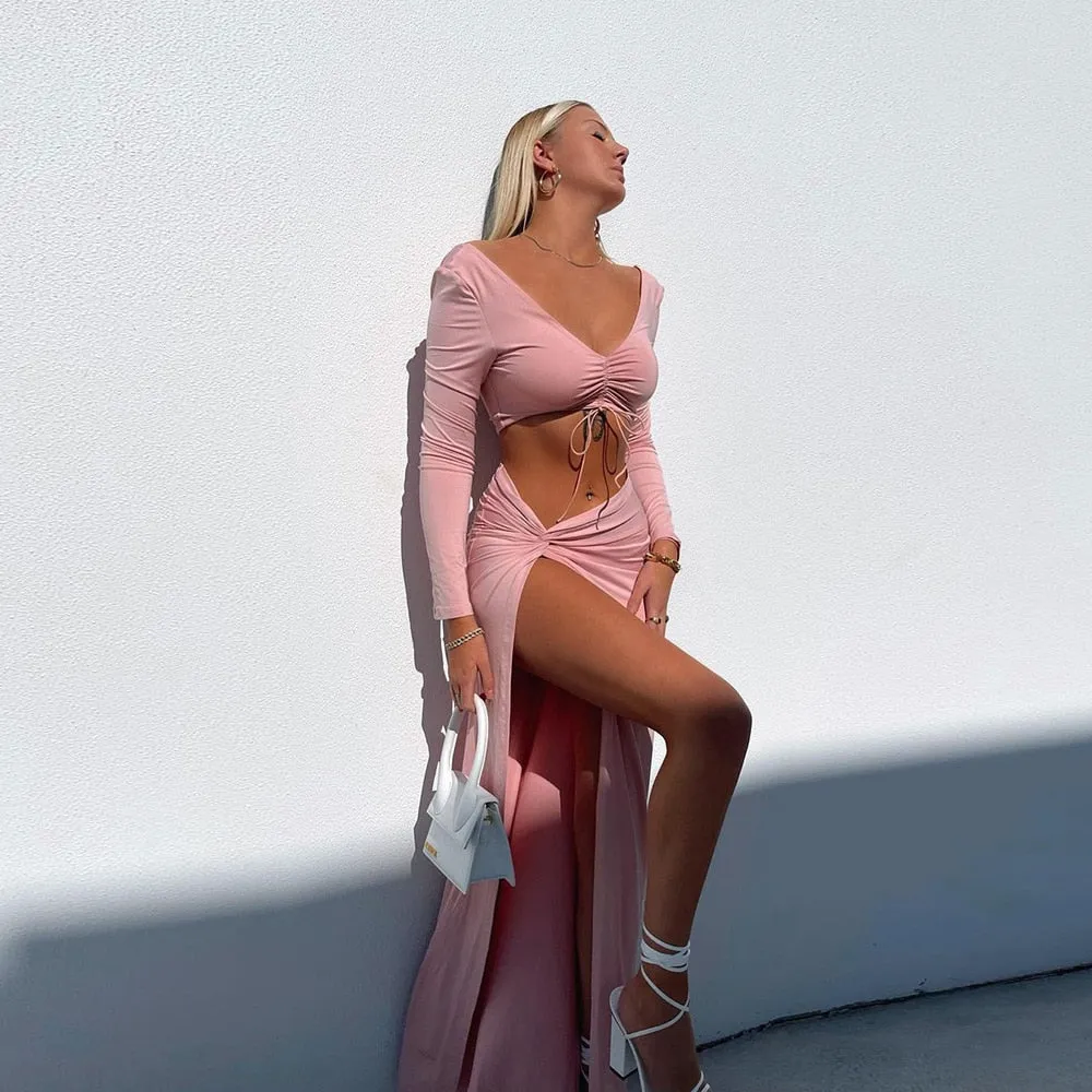 Autumn Fashion Outfits Top and Skirt Set Drawstring Ruched Long Sleeve Two Piece Set Bodycon Skirts Split