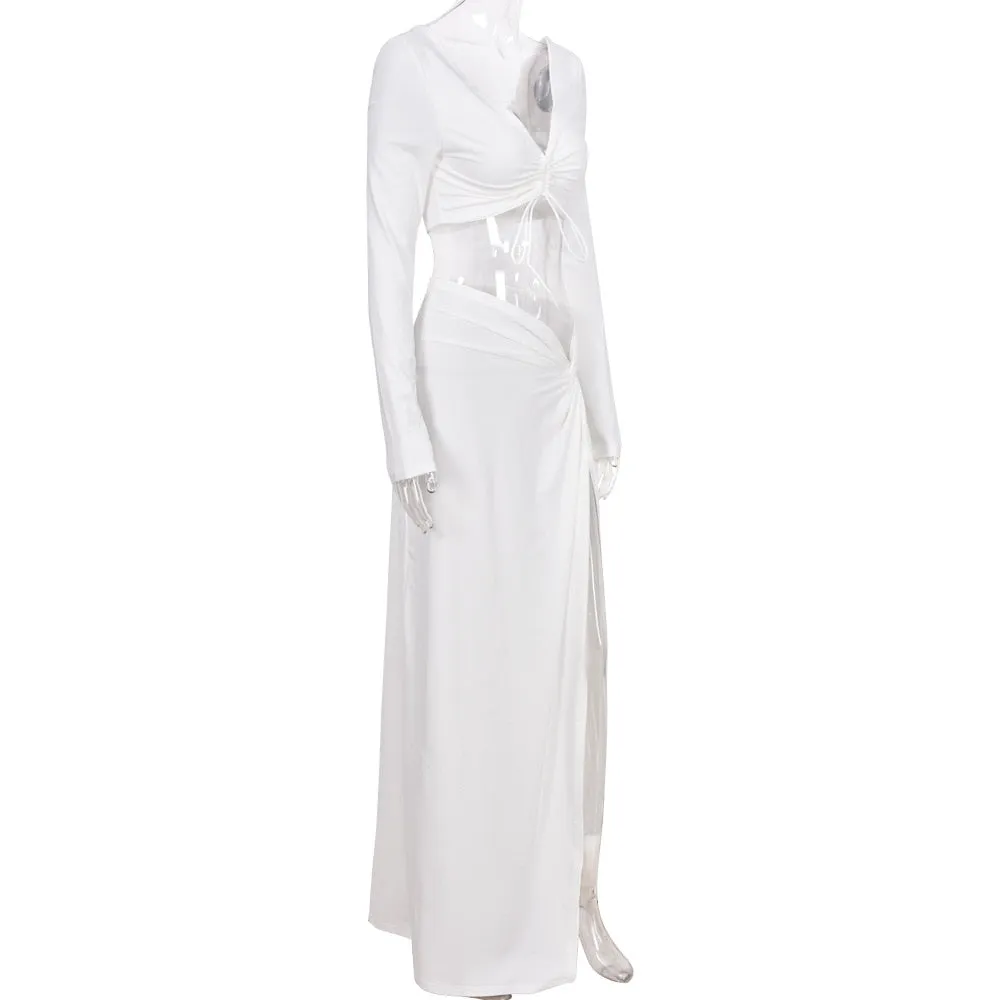 Autumn Fashion Outfits Top and Skirt Set Drawstring Ruched Long Sleeve Two Piece Set Bodycon Skirts Split