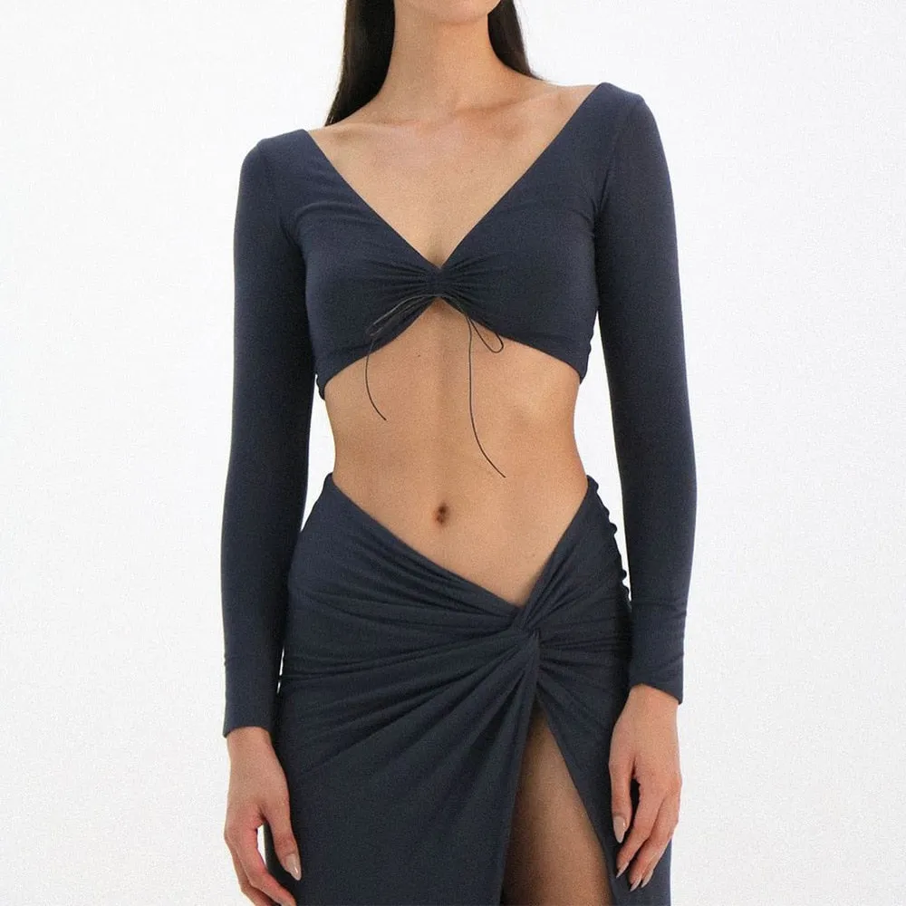 Autumn Fashion Outfits Top and Skirt Set Drawstring Ruched Long Sleeve Two Piece Set Bodycon Skirts Split
