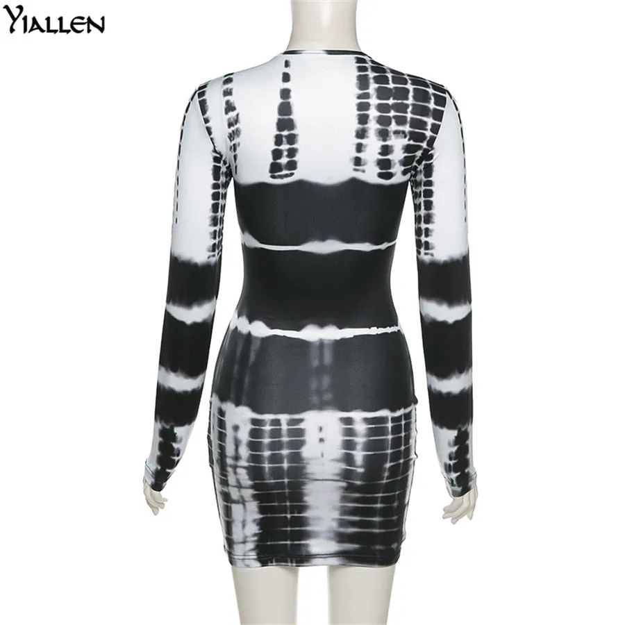 Autumn Print Slim O Neck Long Sleeve Elastic Street Casual Mini Bodycon Dresses