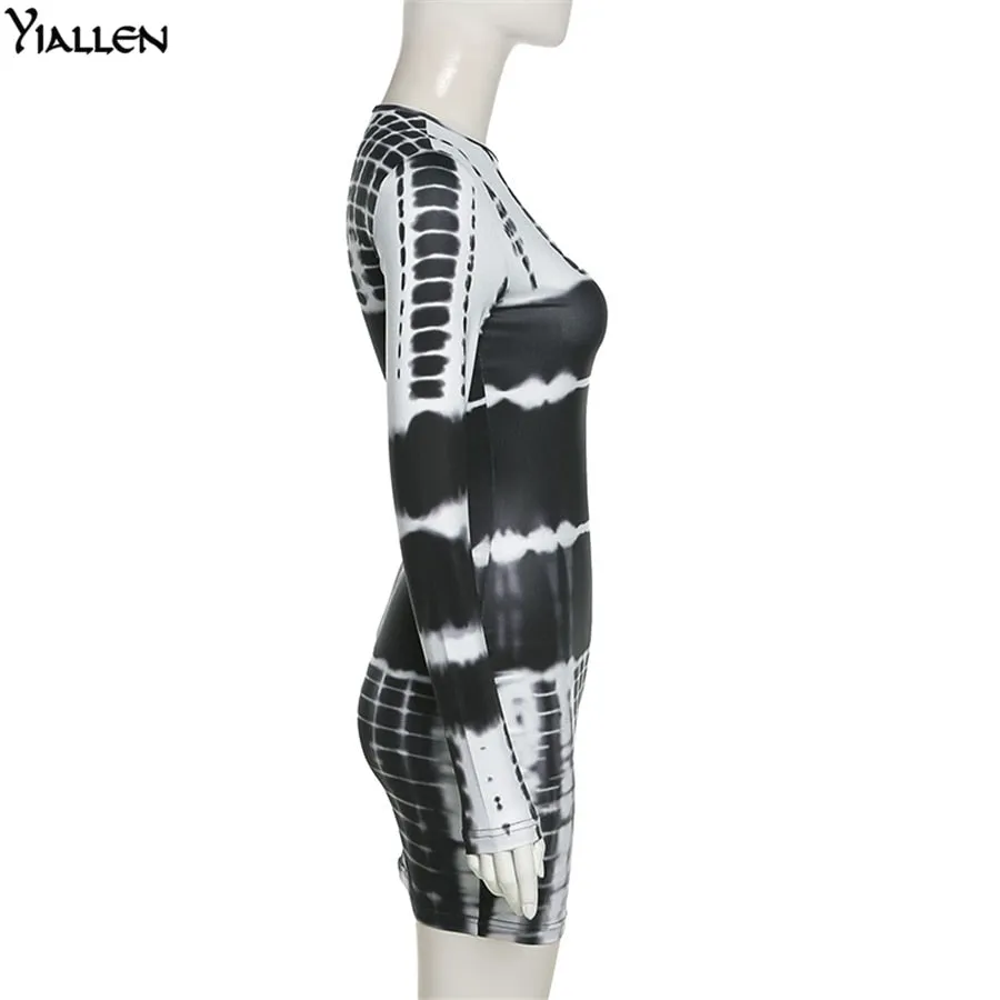 Autumn Print Slim O Neck Long Sleeve Elastic Street Casual Mini Bodycon Dresses