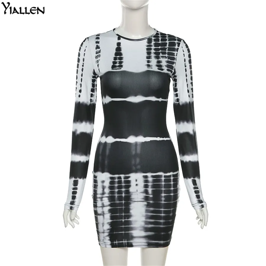 Autumn Print Slim O Neck Long Sleeve Elastic Street Casual Mini Bodycon Dresses