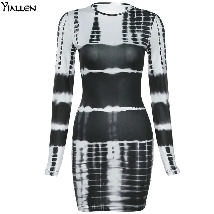 Autumn Print Slim O Neck Long Sleeve Elastic Street Casual Mini Bodycon Dresses