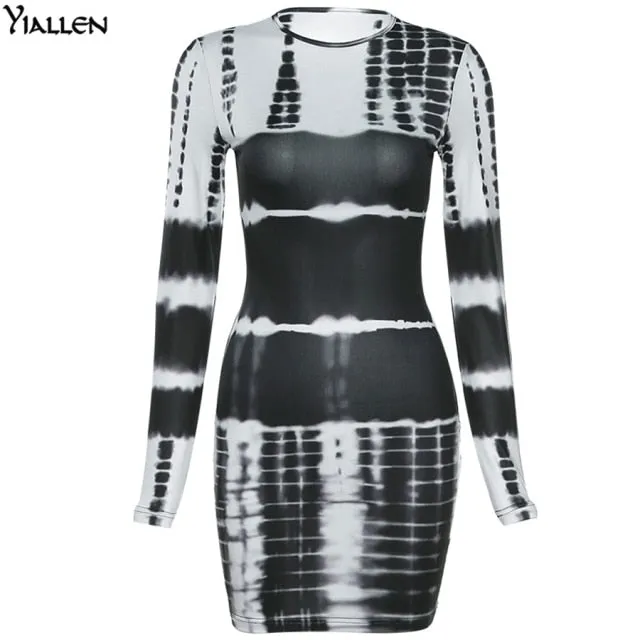 Autumn Print Slim O Neck Long Sleeve Elastic Street Casual Mini Bodycon Dresses