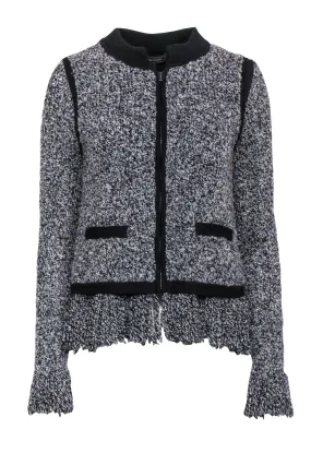 BCBG Max Azria - Gray & Black Fringe Tweed Zip-Up Jacket Sz S