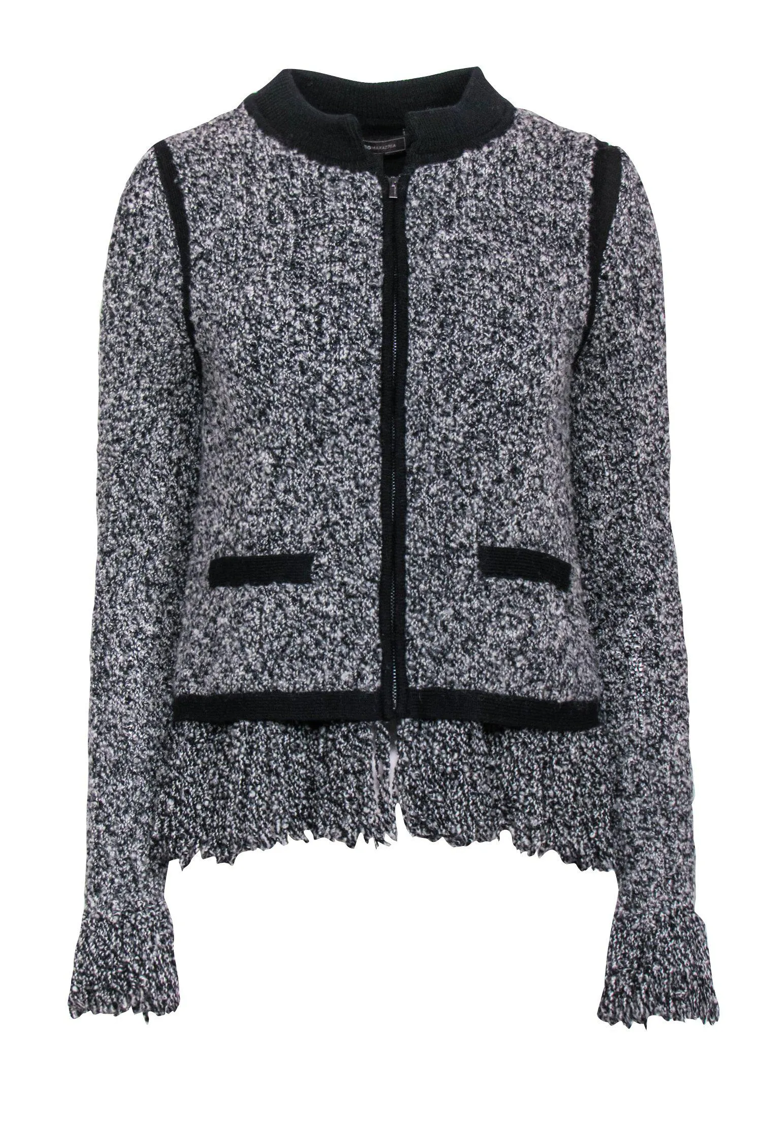 BCBG Max Azria - Gray & Black Fringe Tweed Zip-Up Jacket Sz S
