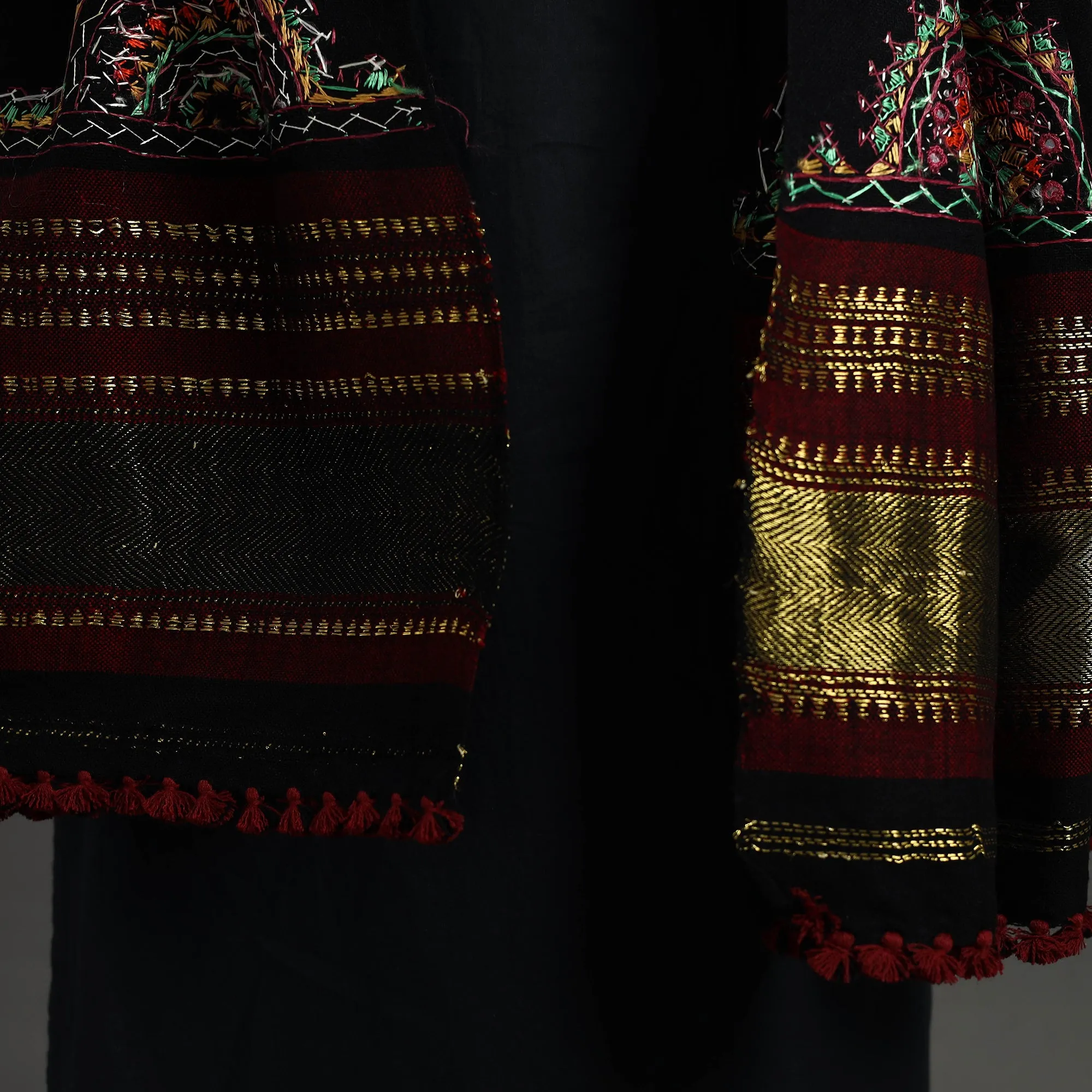 Black - Kutch Neran Hand Embroidery Mirror Work Woollen Shawl 102