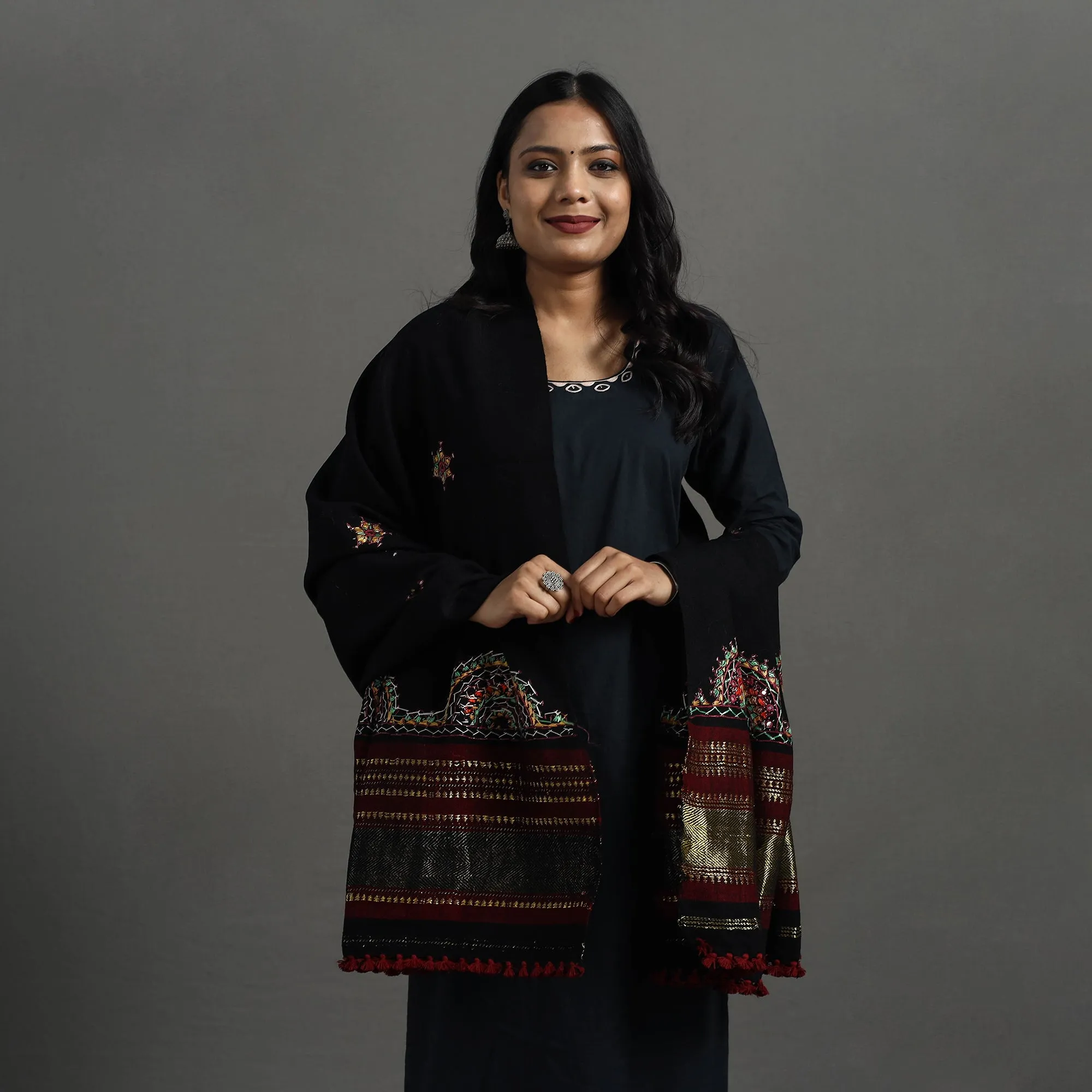 Black - Kutch Neran Hand Embroidery Mirror Work Woollen Shawl 102