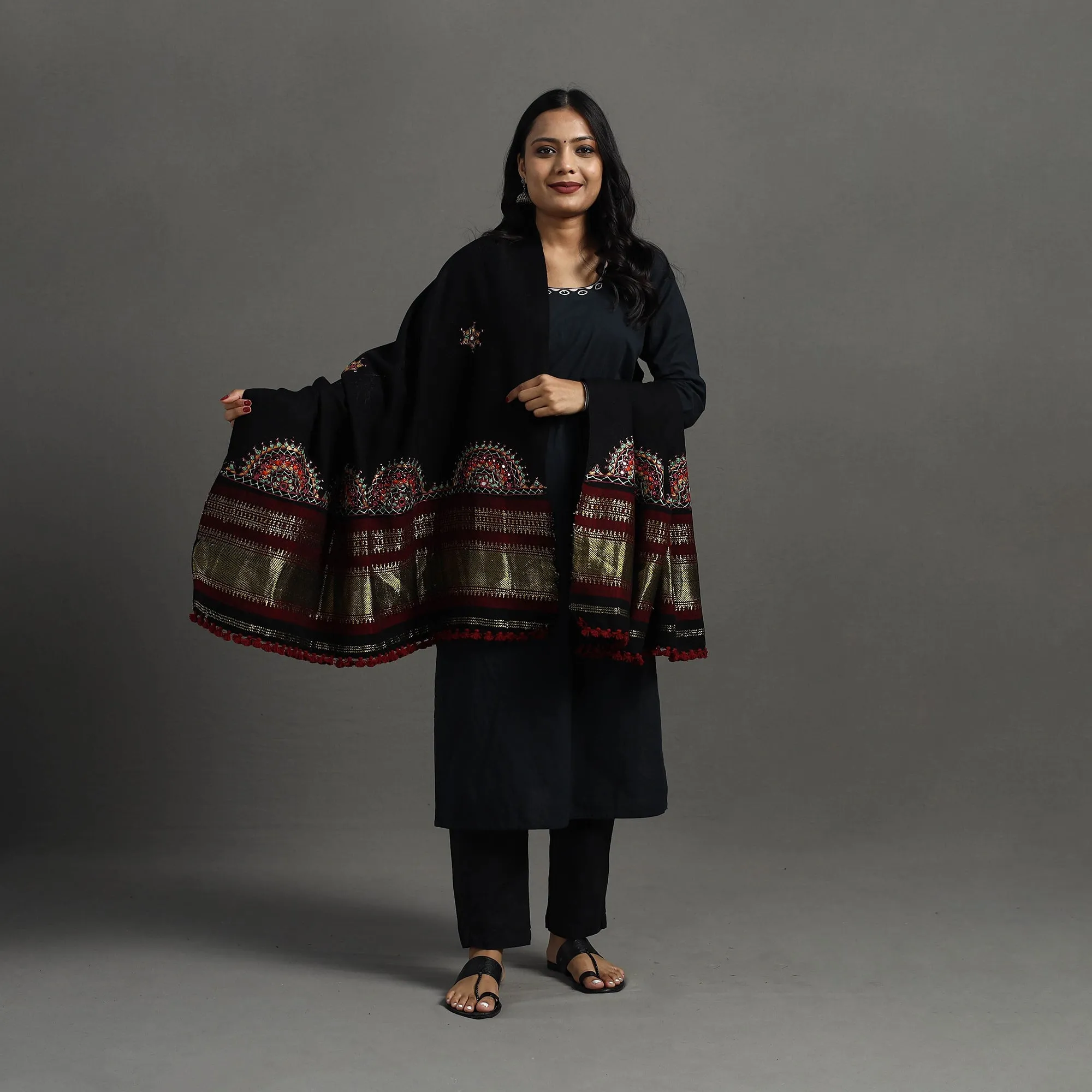 Black - Kutch Neran Hand Embroidery Mirror Work Woollen Shawl 102