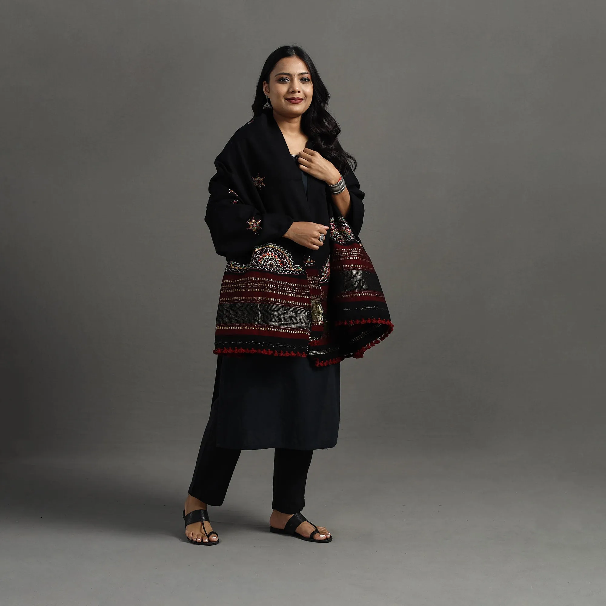 Black - Kutch Neran Hand Embroidery Mirror Work Woollen Shawl 102